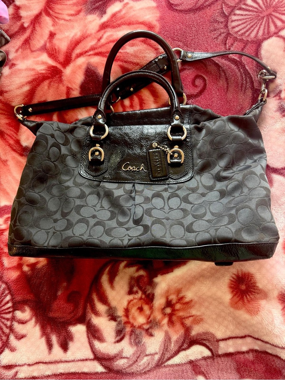 Coach Black Signature Canvas Satchel with Leather Handles and Strap